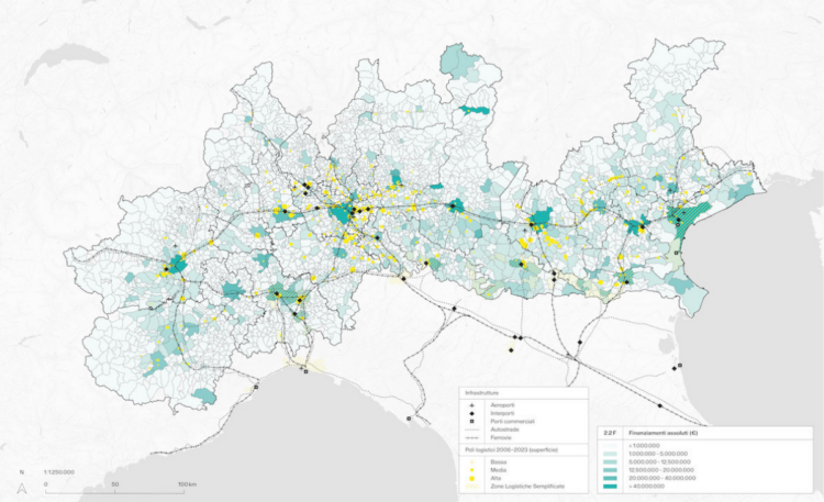 Infrastrutture della globalizzazione digitale: logistica e data center, Finanziamenti assoluti. Mappa tratta da Territorializzare il PNRR in Piemonte, Lombardia e Veneto. Un Atlante. a cura di Laura Fregolent Infrastrutture della globalizzazione digitale: logistica e data center, Finanziamenti assoluti. Mappa tratta da Territorializzare il PNRR in Piemonte, Lombardia e Veneto. Un Atlante. a cura di Laura Fregolent