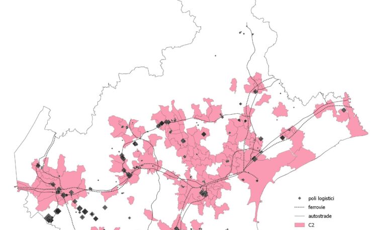 Logistica in Veneto Cluster M1 (classe 2 – comuni ad urbanizzazione densa ed elevata dotazione di capitale fisso-sociale) vs. infrastrutture e logistica. Elaborazione a cura di Gianfranco Pozzer su dati Italiadomani-ReGIS, ISPRA e ISTAT.