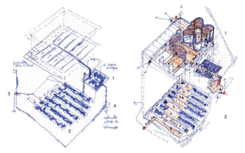 Luigi Franciosini, La Cisterna delle Sette Sale sul Colle Oppio - schema idraulico di alimentazione delle vasche, Roma